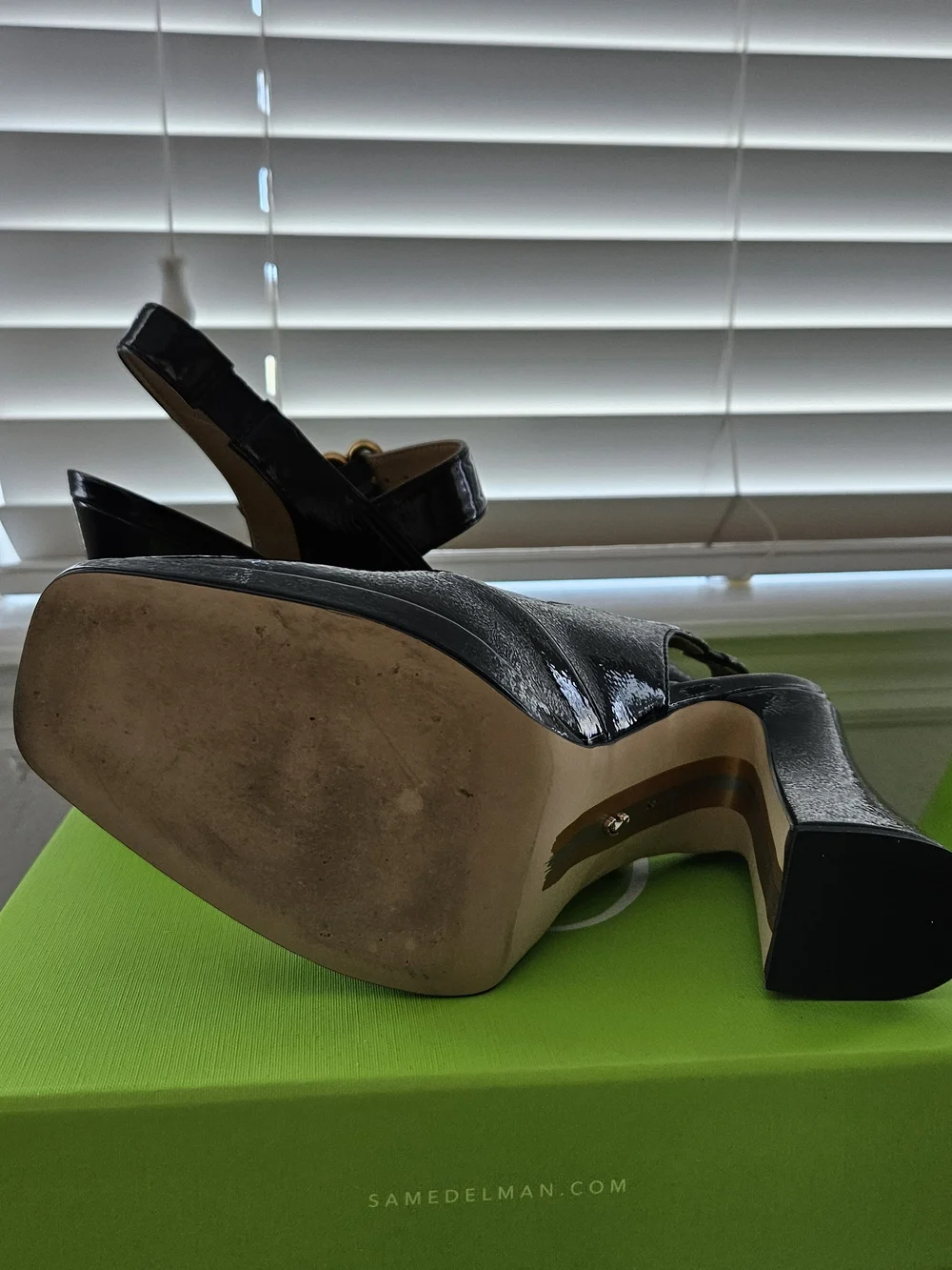 Sam Edelman Black Patent Mary Jane Slingback Heels with Gold Buckle Accent - Picture 5 of 6